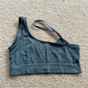 one shoulder asymmetrical strappy teal sports bra crop top